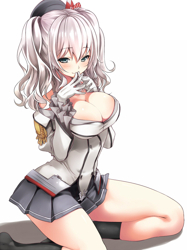 1girl alric anchor bare_shoulders black_legwear blush breasts cleavage frills gloves green_eyes hat kantai_collection kashima_(kantai_collection) long_sleeves silver_hair skirt solo twintails