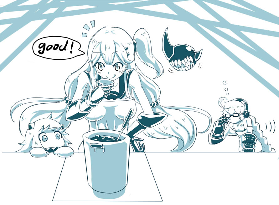 :p absurdly_long_hair ahoge aircraft_carrier_oni apron bikini_top blush braid collar commentary_request cooking enemy_aircraft_(kantai_collection) flat_chest food gauntlets glasses hand_on_hip headphones horns kantai_collection licking_lips long_hair monochrome northern_ocean_hime peanuts_(mu1987) rubbing_eyes shinkaisei-kan side_ponytail sleepy spiked_collar spikes supply_depot_hime tasting tongue tongue_out very_long_hair