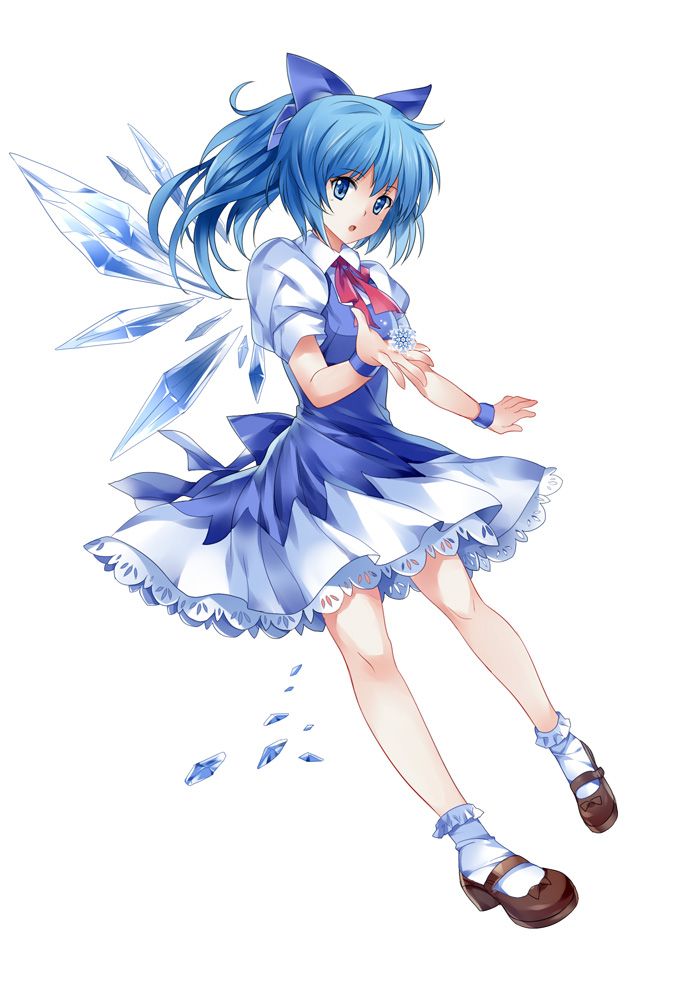 1girl :o bare_legs blue_bow blue_dress blue_eyes blue_hair bobby_socks bow brown_shoes cirno collared_shirt dress fairy fairy_wings full_body hair_bow ice ice_wings mary_janes open_mouth pico_(picollector79) ponytail puffy_short_sleeves puffy_sleeves shirt shoes short_sleeves simple_background snowflakes socks solo surprised touhou white_background white_legwear white_shirt wings wristband