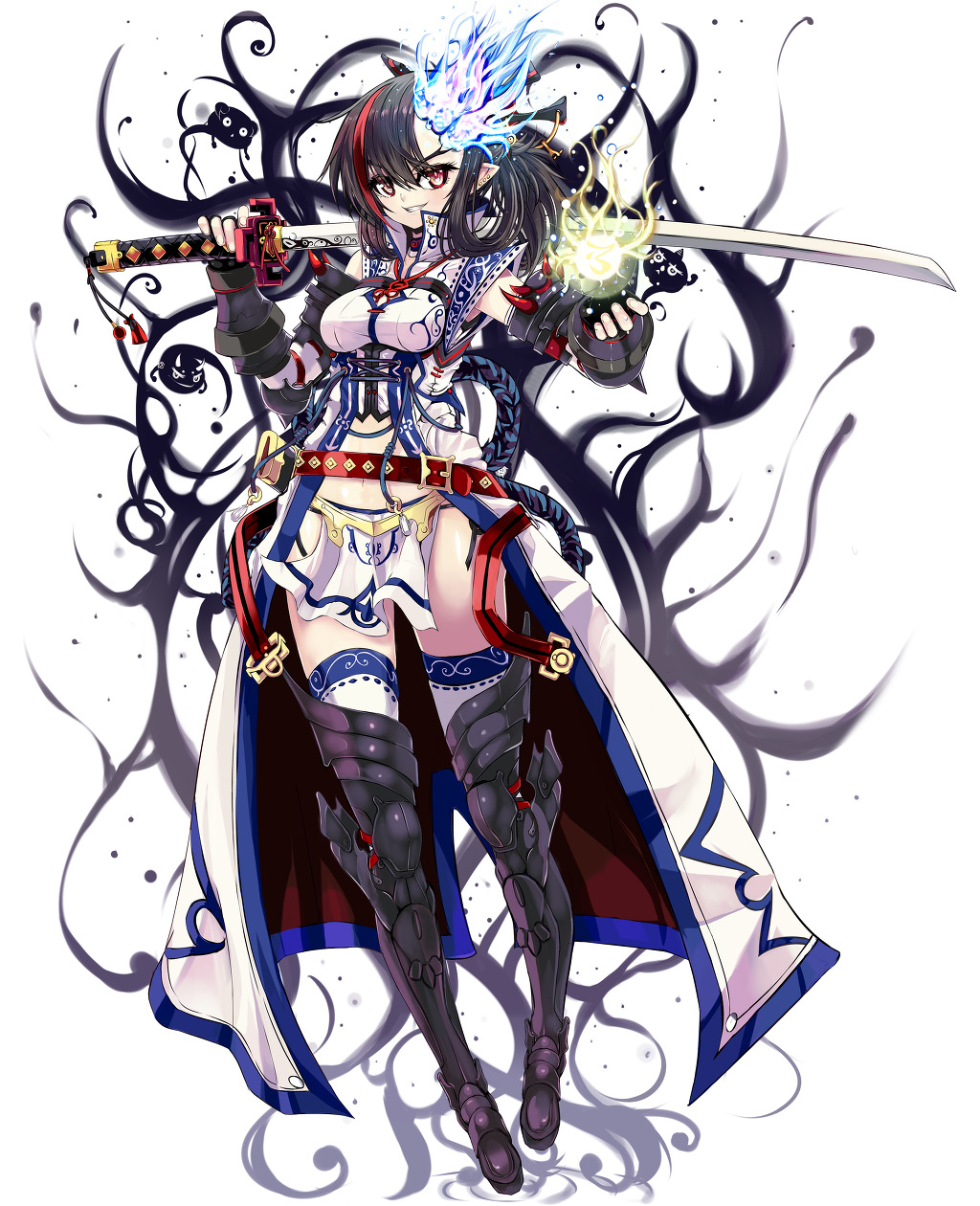 1girl asakura_(soccer_spirits) belt black_hair breasts ear_piercing energy_ball gauntlets greaves grin hair_rings highres katana long_hair multicolored_hair navel piercing pointy_ears reason_(ficafe) red_eyes redhead skirt smile soccer_spirits solo streaked_hair sword weapon