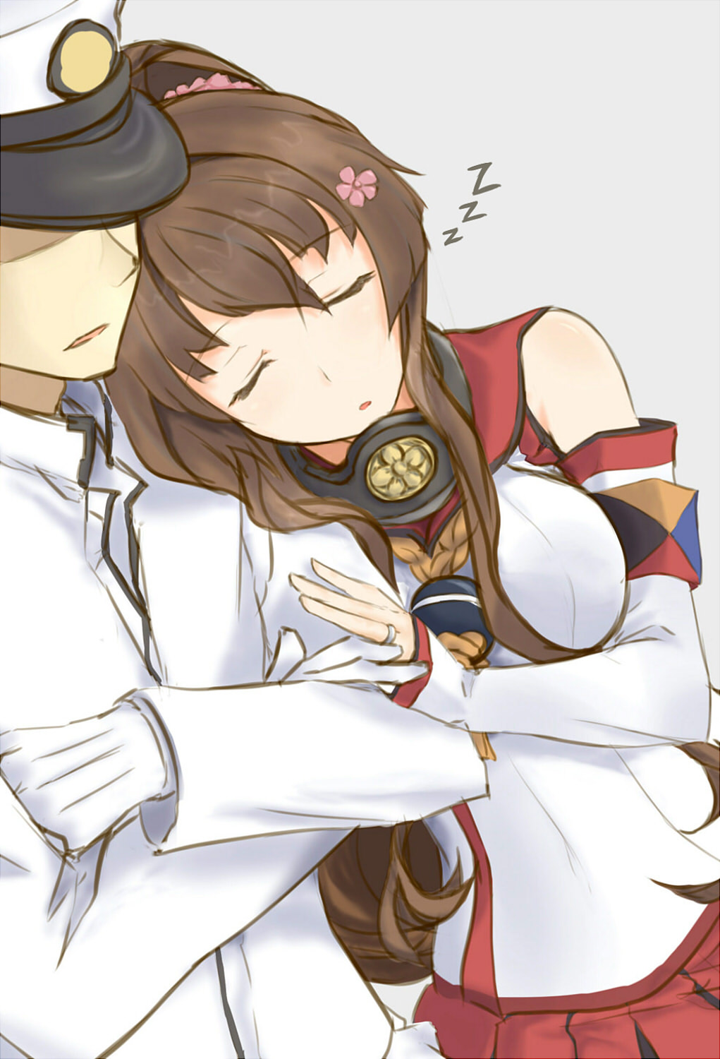 1girl admiral_(kantai_collection) bare_shoulders breasts brown_hair cherry_blossoms closed_eyes commentary_request crossed_arms hand_on_another's_arm hat head_on_shoulder highres jewelry kantai_collection long_hair married military military_uniform naval_uniform pallad peaked_cap ponytail ring sleeping sleeping_on_person uniform yamato_(kantai_collection) z_flag zzz