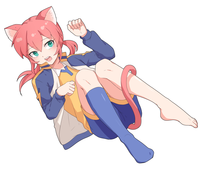 1boy animal_ears blue_legwear cat_ears cat_tail green_eyes inazuma_eleven_(series) inazuma_eleven_go jacket kemonomimi_mode kirino_ranmaru long_hair male_focus no_shoes open_clothes open_jacket open_mouth pink_hair raimon raimon_soccer_uniform raimon_track_suit simple_background single_sock soccer_uniform socks solo sportswear t_(toddy_t) tail track_jacket twintails white_background