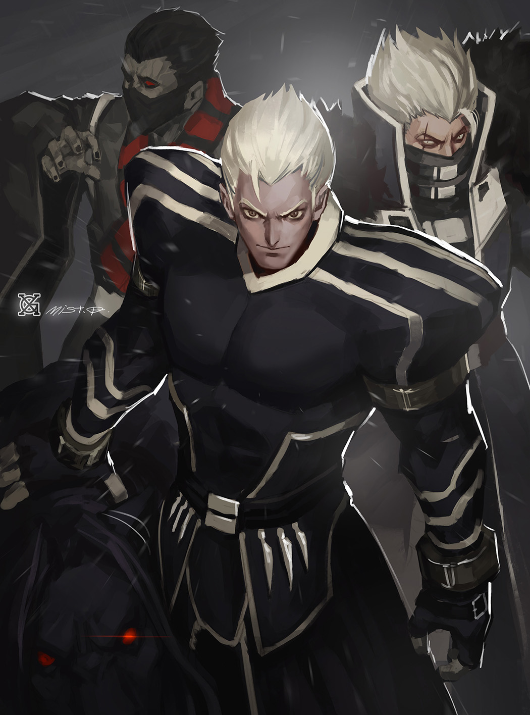 artist_name black_hair brown_eyes chinese_clothes covered_mouth dark_skin fur fur_trim grey_eyes highres jacket krizalid lion looking_at_viewer multiple_boys original_zero pale_skin pet red_eyes ron_(kof) short_hair snk spiky_hair the_king_of_fighters white_hair xiaoguimist