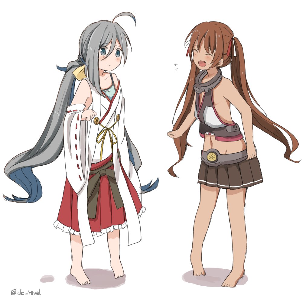 2girls ahoge alternate_costume bare_shoulders barefoot blue_hair brown_hair closed_eyes commentary_request detached_sleeves fang grey_eyes grey_hair haruna_(kantai_collection)_(cosplay) kantai_collection kiyoshimo_(kantai_collection) libeccio_(kantai_collection) long_hair low_twintails multicolored_hair multiple_girls mutsu_(kantai_collection)_(cosplay) navel nontraditional_miko open_mouth oversized_clothes ribbon-trimmed_sleeves ribbon_trim riz_(ravel_dc) skirt twintails twitter_username