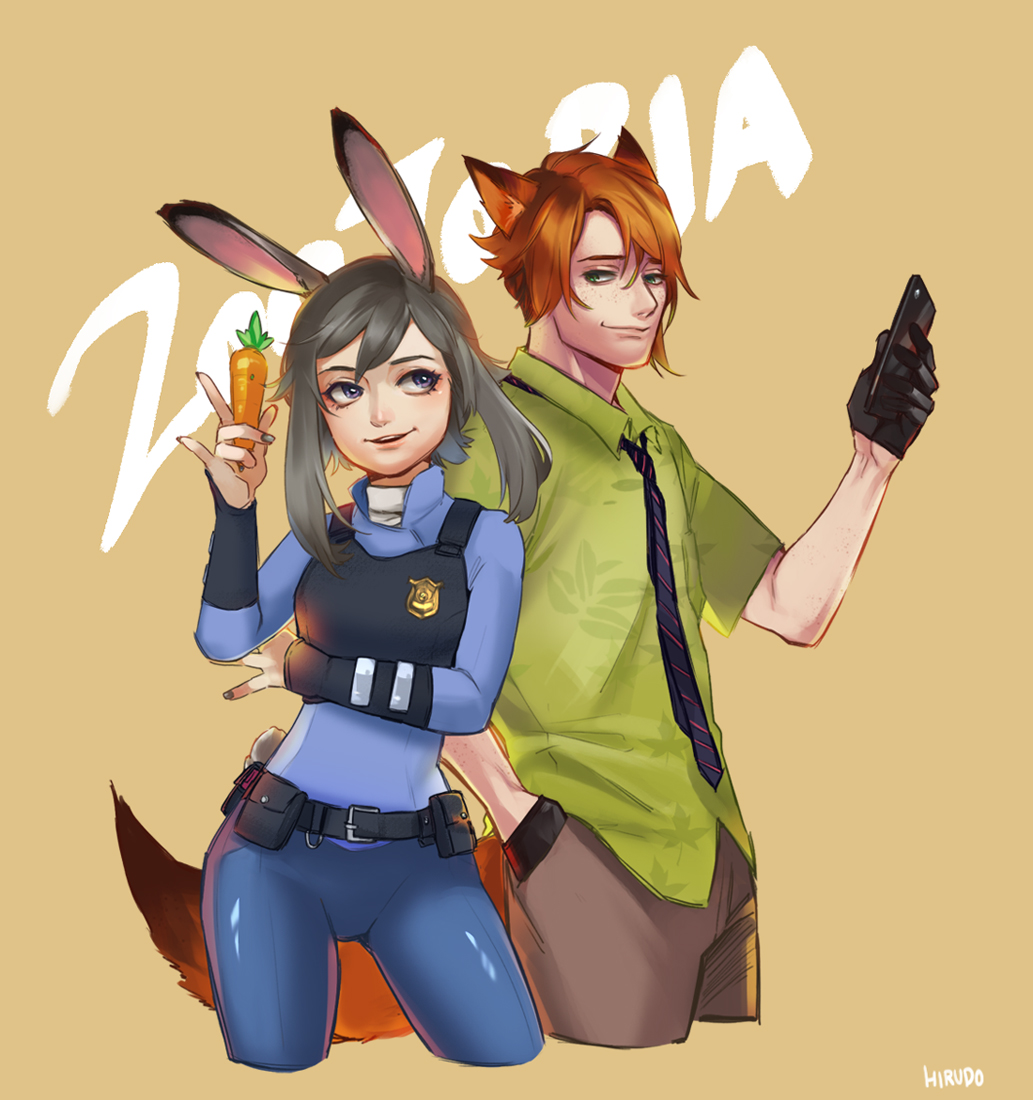 1boy 1girl animal_ears artist_name bangs beige_background belt belt_pouch black_gloves blue_pants blue_shirt brown_pants bunny_tail carrot cellphone collared_shirt copyright_name cropped_legs disney dress_shirt fox_ears fox_tail freckles gloves green_eyes green_shirt grey_hair grey_nails hair_between_eyes half_gloves hands_in_pockets hiruchan holding holding_phone judy_hopps long_sleeves looking_at_another looking_at_viewer looking_to_the_side nail_polish necktie nick_wilde orange_hair pants personification phone police police_uniform print_shirt rabbit_ears shirt short_hair short_sleeves simple_background striped striped_necktie swept_bangs tail uniform violet_eyes zootopia