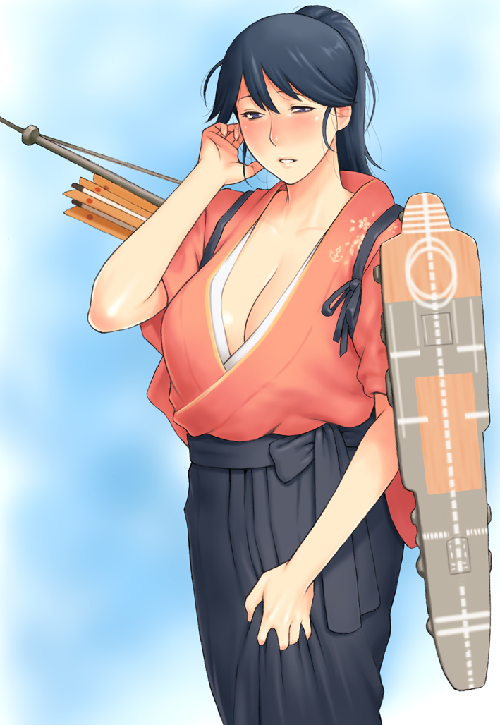 1girl black_eyes black_hair blue_background blush bow_(weapon) breasts cleavage clothes_grab collarbone hair_tucking hakama houshou_(kantai_collection) japanese_clothes kantai_collection kimono large_breasts long_hair ponytail quiver solo takasugi_kou tasuki weapon