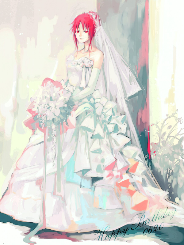 1girl bare_shoulders bouquet bridal_veil dress elbow_gloves flower gloves hair_up happy_birthday karin_(naruto) looking_at_viewer minase_(mmakina) naruto naruto_shippuuden red_eyes redhead solo strapless strapless_dress veil wedding_dress white_dress white_gloves