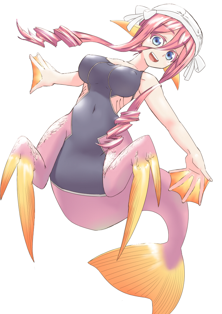 1girl :d blue_eyes breasts covered_navel full_body gills head_fins long_hair mermaid meroune_lorelei monster_girl monster_musume_no_iru_nichijou one-piece_swimsuit open_mouth pink_hair scales schnee_1_fez simple_background smile solo swim_cap swimsuit webbed_hands white_background