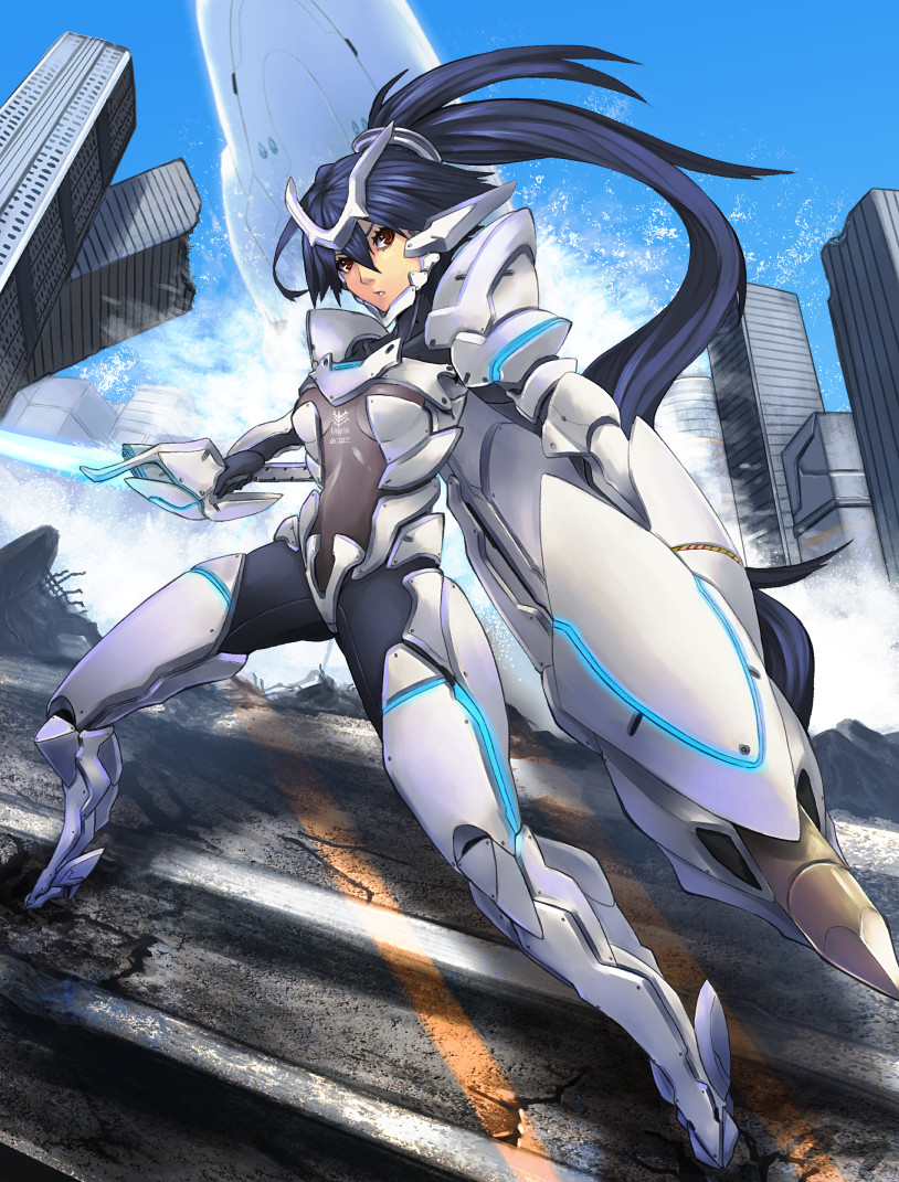 1girl blue_hair bodysuit building city energy_sword kuro_black mecha_musume original pile_bunker ponytail red_eyes science_fiction sword tagme weapon