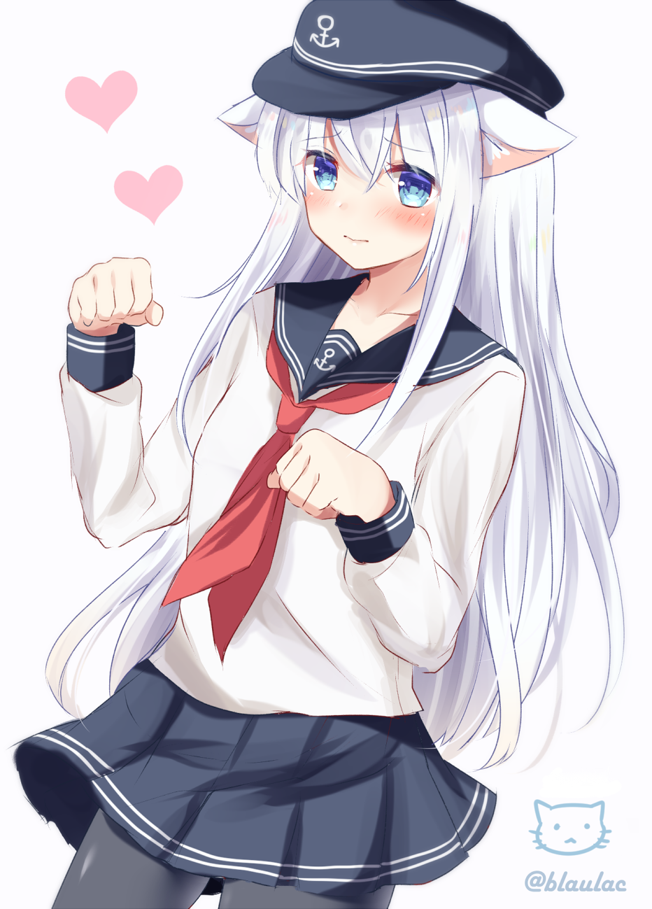 1girl anchor_symbol animal_ears artist_name black_hat black_legwear blush cat_ears closed_mouth collarbone cowboy_shot ears_down eyebrows eyebrows_visible_through_hair flat_cap hair_between_eyes hat heart hibiki_(kantai_collection) highres kantai_collection kemonomimi_mode legs_apart long_hair long_sleeves looking_at_viewer masakazu_(coccinellee) neckerchief necktie pantyhose paw_pose red_necktie sailor_collar school_uniform serafuku shirt sidelocks solo standing tareme very_long_hair white_hair white_shirt