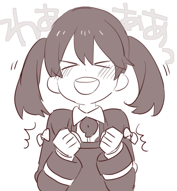 &gt;_&lt; /\/\/\ 1girl blush clenched_hands closed_eyes ishihara_saika japanese_clothes kantai_collection kariginu long_hair long_sleeves monochrome onmyouji round_teeth ryuujou_(kantai_collection) smile solo tagme teeth twintails upper_body