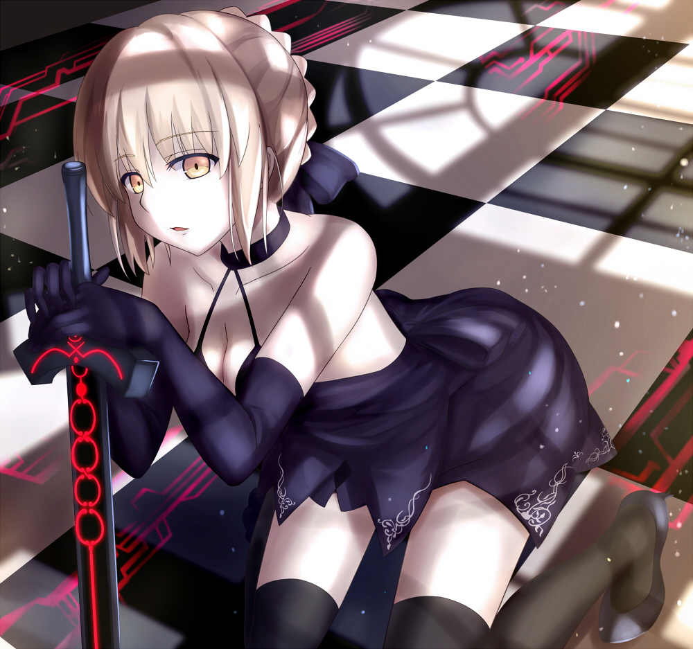 1girl bare_shoulders black_legwear breasts choker cleavage dark_excalibur elbow_gloves fate/grand_order fate/stay_night fate_(series) gloves kneeling pale_skin saber saber_alter solo thigh-highs xyomouse yellow_eyes