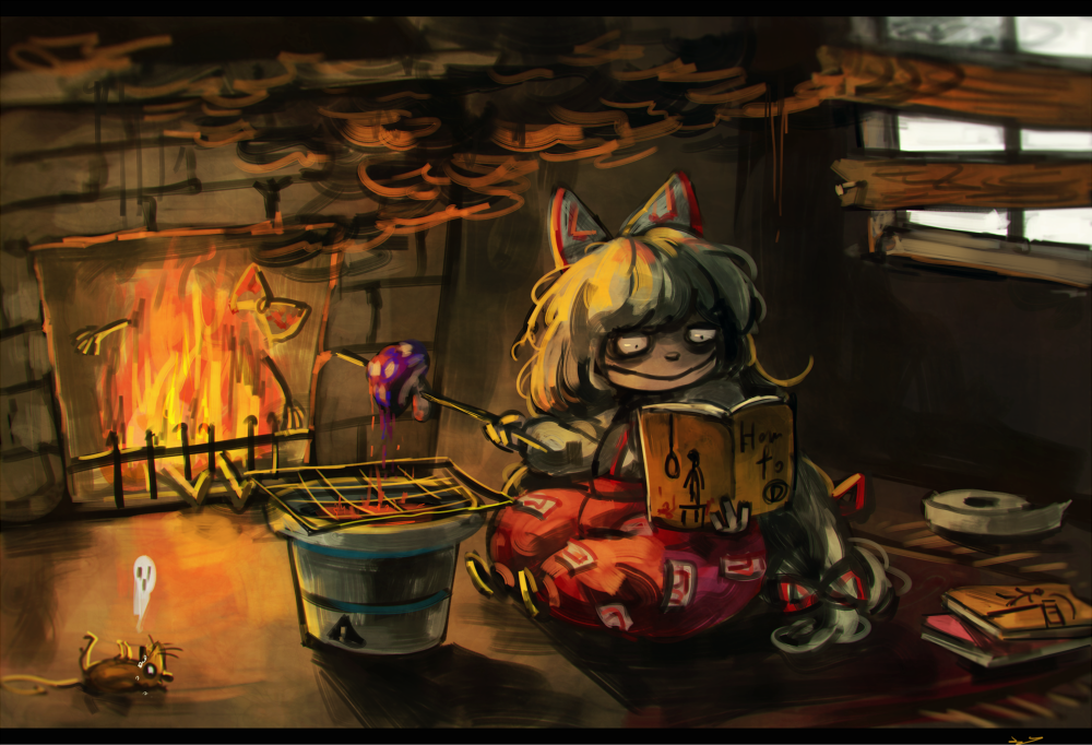 1girl boarded_windows book bow burning cooking fire fireplace fujiwara_no_mokou giving_up_the_ghost hair_bow long_hair mouse mushroom sitting smile smoke solo suspenders tagme touhou very_long_hair white_hair window