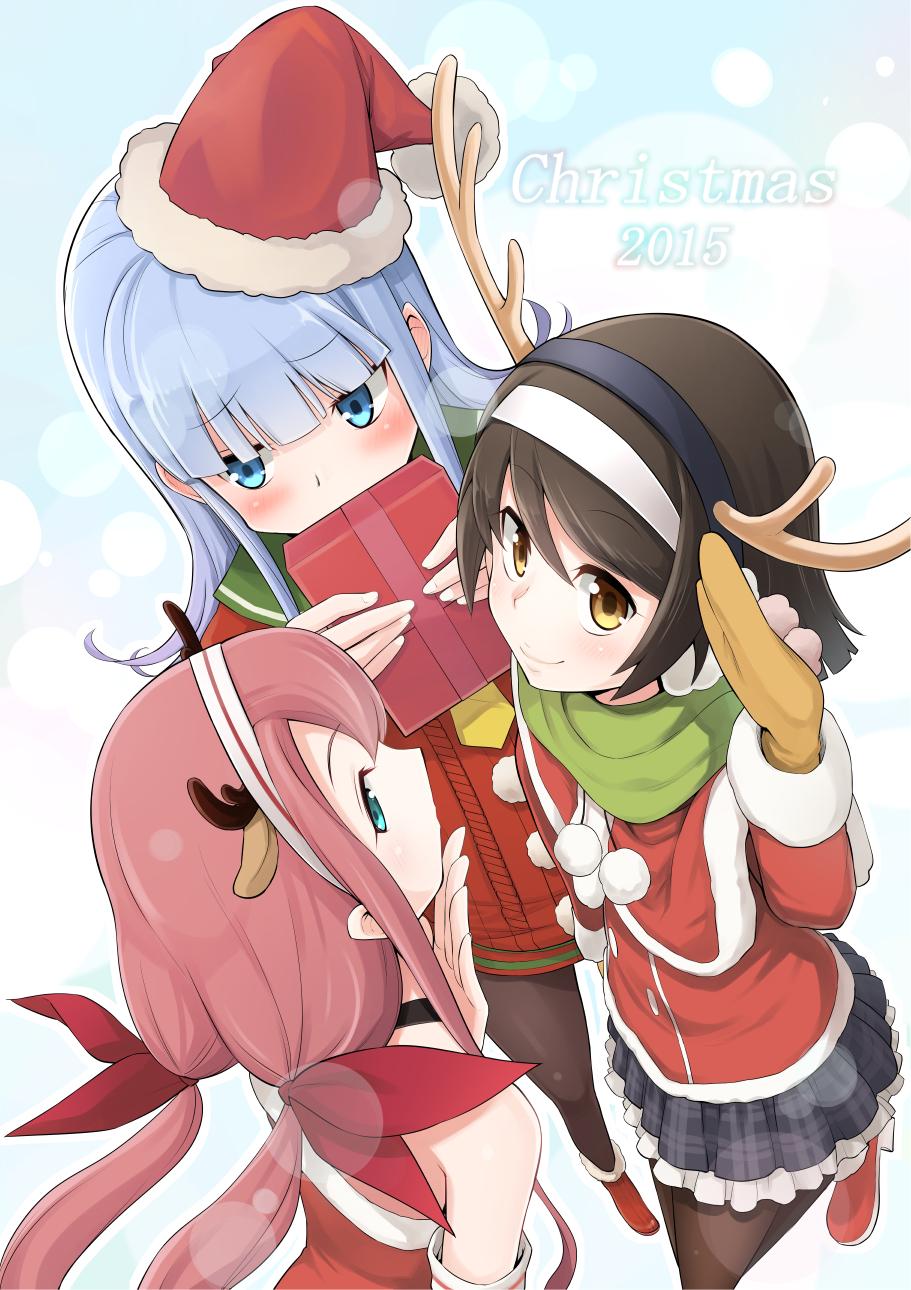 2015 3girls alternate_eye_color animal_ears antlers aqua_eyes bare_shoulders black_hair blue_eyes blue_hair blush box brown_legwear capelet christmas covering_mouth detached_sleeves dress fake_animal_ears fake_horns frilled_skirt frills fur gift gift_box gloves hair_ornament hairband hat hatsukaze_(kantai_collection) highres holding holding_gift kantai_collection kawakaze_(kantai_collection) leg_up long_hair long_sleeves looking_at_viewer looking_away looking_to_the_side looking_up low_twintails multiple_girls pantyhose red_dress redhead reindeer_antlers reindeer_ears santa_hat short_hair skirt sleeveless sleeveless_dress smile standing_on_one_leg tanikaze_(kantai_collection) tatoon twintails very_long_hair yellow_gloves