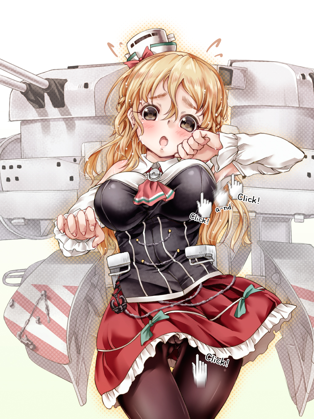 ! 1girl :o afterimage anchor bangs black_eyes black_legwear blonde_hair blush bow braid breasts cannon cowboy_shot cravat cursor detached_sleeves diagonal_stripes english fang flying_sweatdrops french_braid frills hair_between_eyes hat highres kantai_collection large_breasts long_hair looking_at_viewer machinery messy_hair miniskirt motion_blur open_mouth pantyhose red_bow red_skirt skirt skirt_lift solo striped text thigh_gap tsukineko upskirt wavy_hair zara_(kantai_collection)