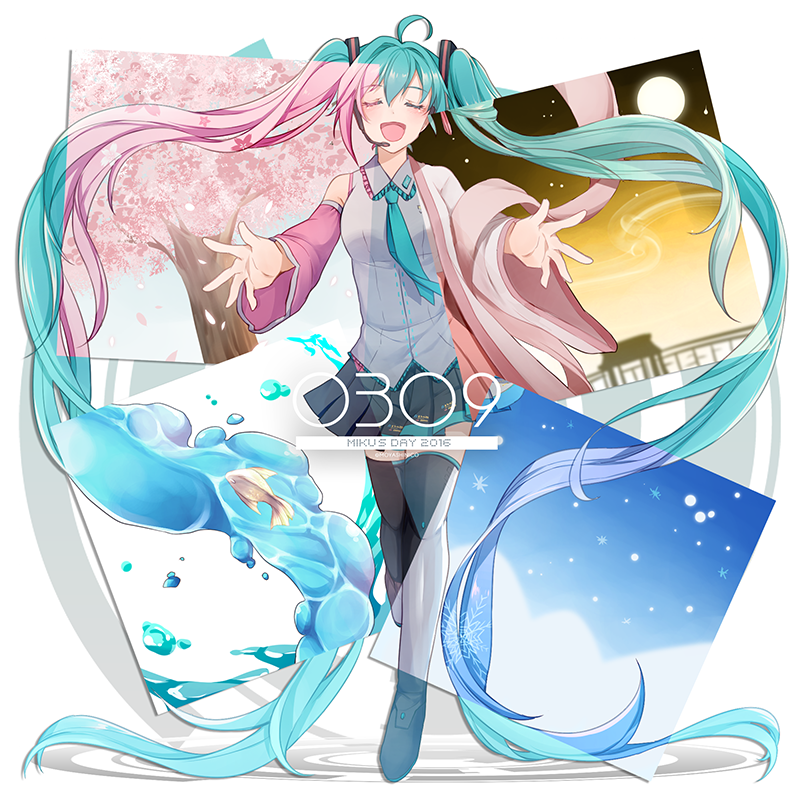 1girl 2016 absurdly_long_hair ahoge aqua_hair aqua_necktie blue_eyes blue_hair boots bottle_miku character_name cherry_blossoms chuushuu_meigetsu_miku closed_eyes dated detached_sleeves fish full_body fusion hagoromo hair_ornament hatsune_miku headphones headset liquid_hair long_hair miniskirt monicanc moon multiple_persona necktie number open_mouth outstretched_arms palms petals pink_hair pleated_skirt revealing_cutout sakura_miku shawl skirt snowflakes snowing spread_fingers standing thigh-highs twintails very_long_hair vocaloid yuki_miku