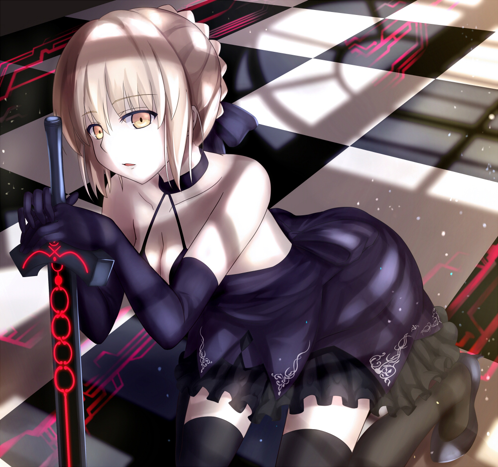 1girl bare_shoulders black_legwear breasts choker cleavage dark_excalibur elbow_gloves fate/grand_order fate/stay_night fate_(series) gloves kneeling pale_skin saber saber_alter solo thigh-highs xyomouse yellow_eyes