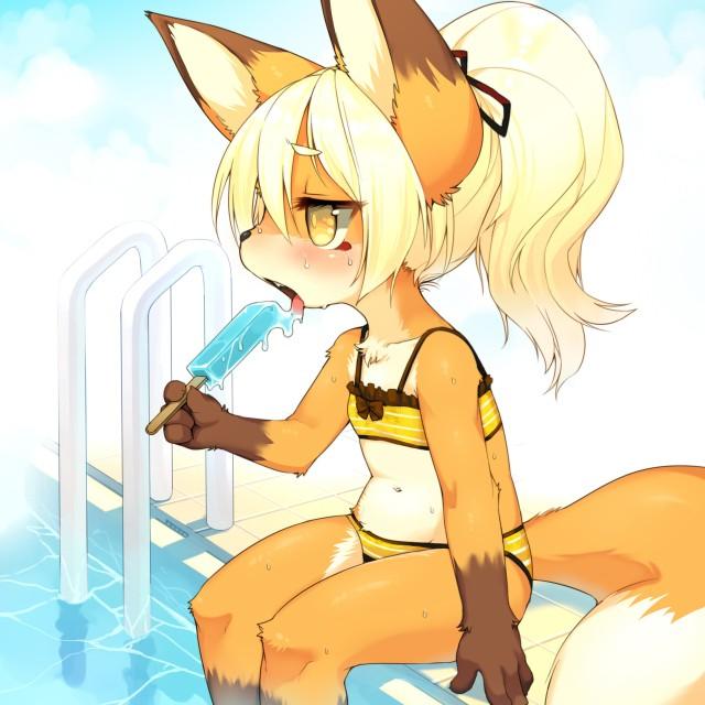 1girl animal_ears bikini blonde_hair eating feet_in_water fox_ears furry kishibe licking long_hair open_mouth original ponytail pool poolside popsicle ribbon sitting soaking_feet solo swimsuit tail tongue tongue_out water yellow_eyes