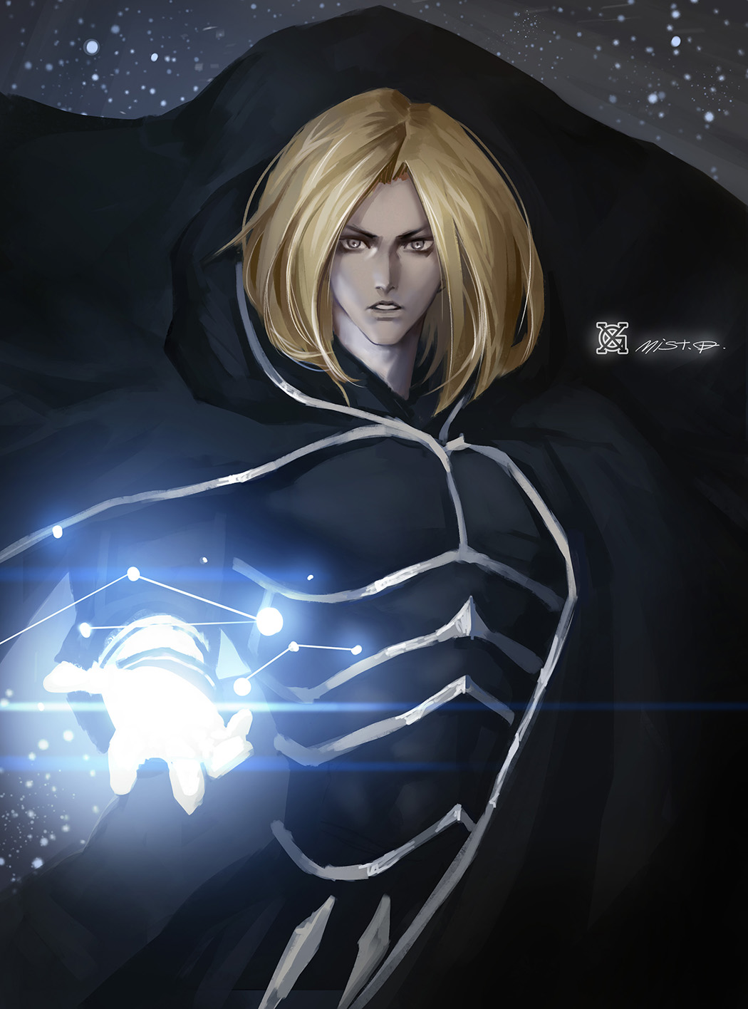 1boy blonde_hair cape gloves highres hood hoodie igniz_(kof) long_hair looking_at_viewer male_focus open_hand open_mouth the_king_of_fighters the_king_of_fighters_2001 white_gloves xiaoguimist yellow_eyes