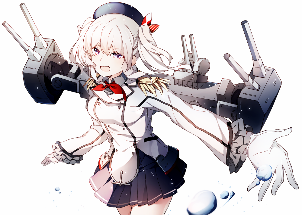 1girl anchor epaulettes frills gloves hat kantai_collection kashima_(kantai_collection) kerchief long_sleeves miya_(izumi369) open_mouth silver_hair skirt solo turret twintails violet_eyes weapon white_background white_gloves