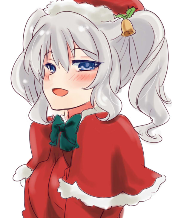 1girl bell blue_eyes blush bow bowtie capelet hair_ornament hat jingle_bell kantai_collection kashima_(kantai_collection) open_mouth r-king santa_costume santa_hat silver_hair solo twintails wavy_hair white_background