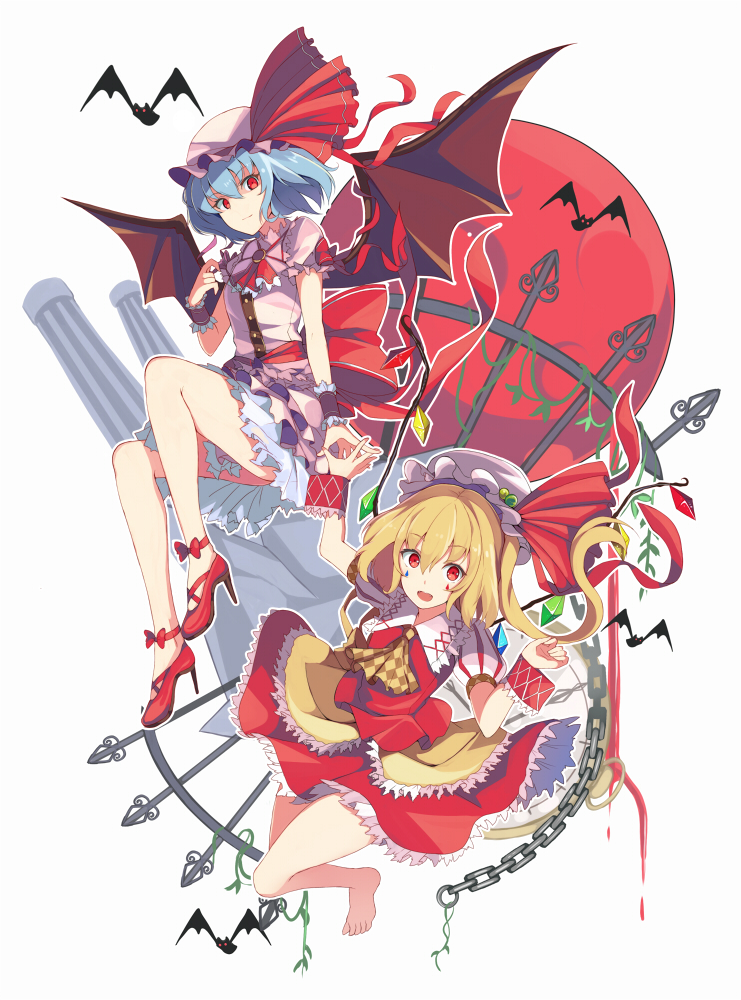 2girls ascot barefoot bat bat_wings blonde_hair blue_hair chain checkered closed_mouth crystal facial_mark flandre_scarlet hat hat_ribbon high_heels looking_at_viewer mob_cap multiple_girls nakaichi_(ridil) open_mouth puffy_short_sleeves puffy_sleeves red_eyes red_ribbon red_shoes red_skirt remilia_scarlet ribbon shoes short_sleeves siblings side_ponytail simple_background sisters skirt skirt_set touhou vest white_background wings wrist_cuffs