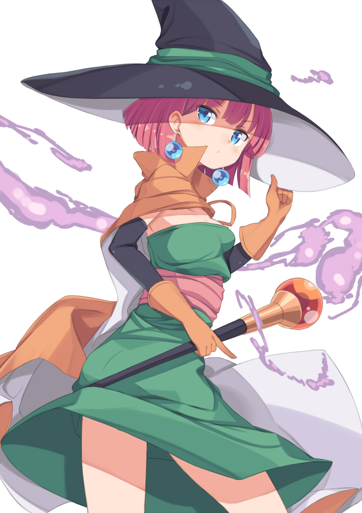 1girl blue_eyes blush bob_cut cape cowboy_shot detached_sleeves dragon_quest dragon_quest_iii dress earrings gamuo gloves green_ribbon hat hat_ribbon holding_staff holding_weapon jewelry looking_at_viewer mage_(dq3) magic pink_hair ribbon sash shade short_hair simple_background solo strapless strapless_dress white_background witch_hat