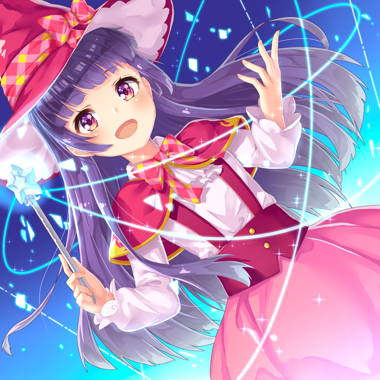1girl :d hat izayoi_liko long_hair mahou_girls_precure! multicolored_eyes open_mouth pensuke pink_eyes precure purple_hair smile solo violet_eyes wand witch_hat