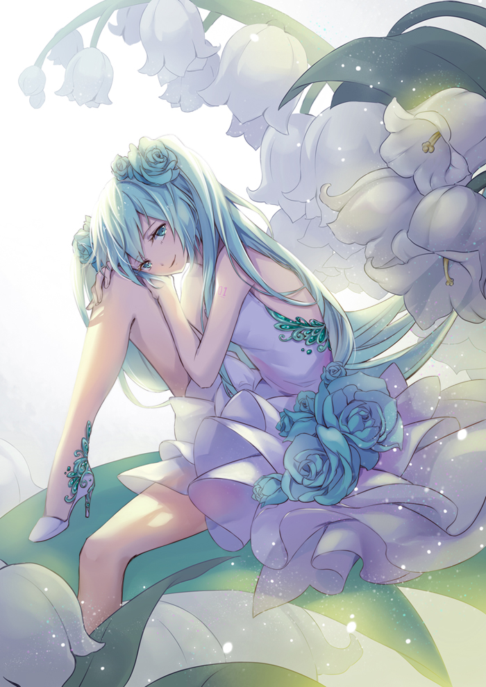 1girl aqua_hair backlighting flower green_eyes hair_flower hair_ornament hatsune_miku high_heels long_hair looking_at_viewer minigirl minland4099 sitting solo vocaloid white_background