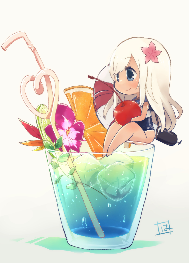 1girl blue_eyes cherry drink drinking_straw flower food fruit glass harunagi kantai_collection lemon ro-500_(kantai_collection) smile swimsuit torpedo