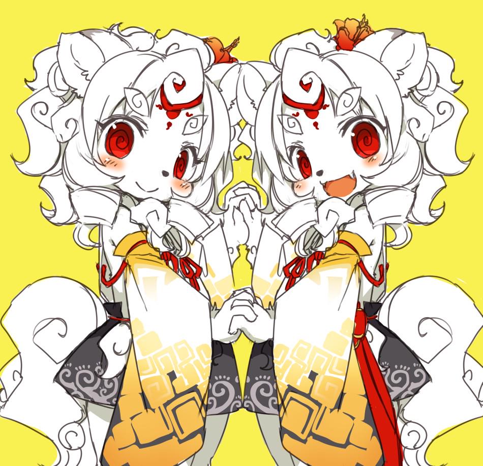 2girls animal_ears curly_hair detached_sleeves fang flower furry hair_flower hair_ornament holding_hands japanese_clothes kimono kishibe long_hair looking_at_viewer multiple_girls open_mouth original red_eyes sketch smile tail white_hair wolf_ears yukata