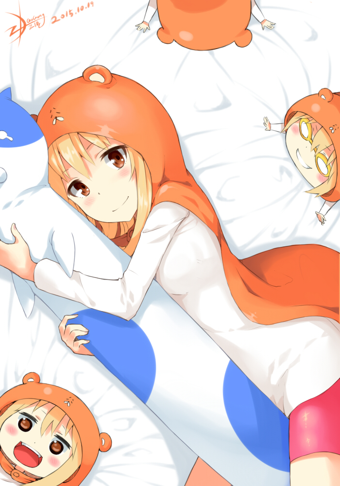 1girl :d animal_costume bike_shorts blonde_hair brown_eyes chibi dakimakura_(object) dated doma_umaru dual_persona gogongzid grin hamster_costume himouto!_umaru-chan hood long_hair looking_at_viewer lying on_side open_mouth pillow pillow_hug smile teardrop