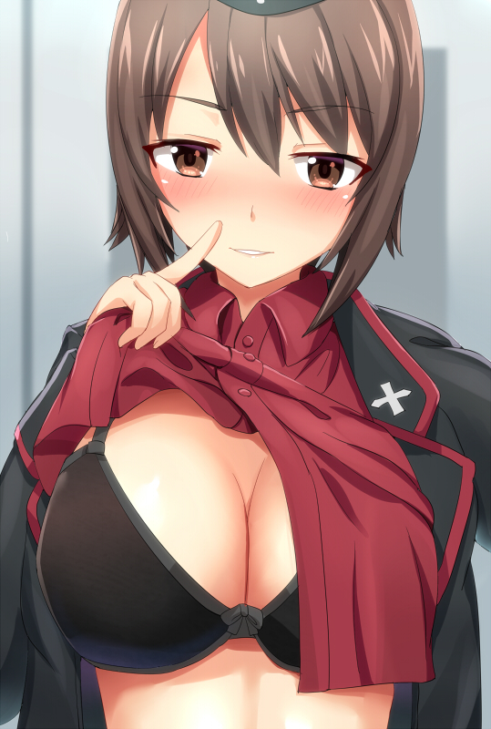 1girl black_bow black_bra blush bow bow_bra bra breasts brown_eyes brown_hair cleavage collared_shirt cross_print dress_shirt eyebrows eyebrows_visible_through_hair finger_to_mouth girls_und_panzer hat homewrecker jacket large_breasts lifted_by_self long_sleeves military military_uniform nishizumi_maho red_shirt shirt shirt_lift short_hair shushing smile solo underwear uniform upper_body