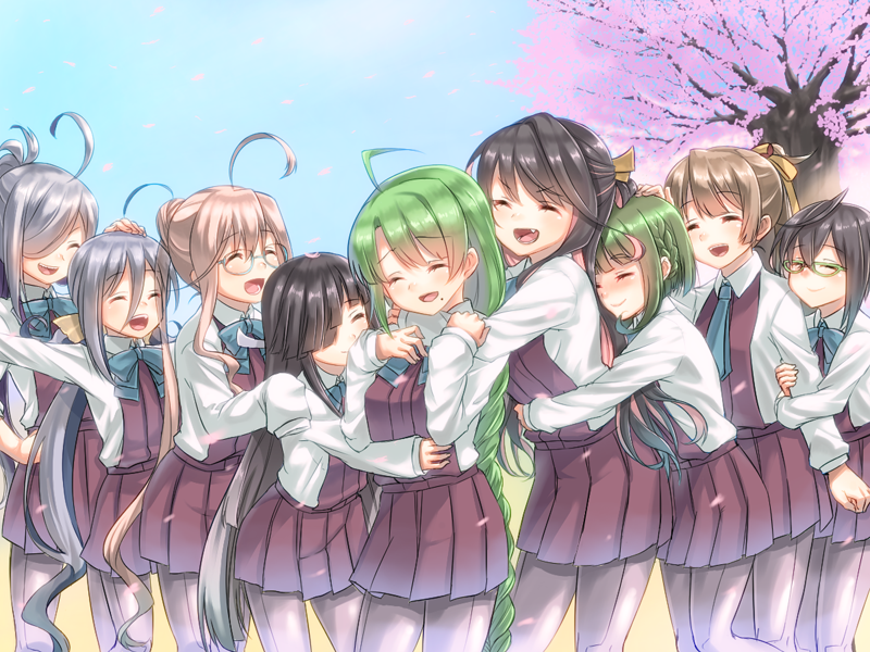 &gt;:d 6+girls :d ahoge arm_hug asashimo_(kantai_collection) black_hair blouse blue-framed_glasses blue_hair blush bob_cut bow bowtie braid breasts brown_hair closed_eyes dress fang glasses green-framed_glasses green_hair hair_between_eyes hair_bun hair_ornament hair_over_one_eye hair_ribbon hand_on_another's_head hand_on_another's_shoulder hand_on_hip hayashimo_(kantai_collection) height_difference hug hug_from_behind kantai_collection kazagumo_(kantai_collection) kiyoshimo_(kantai_collection) large_breasts long_hair long_sleeves low_twintails makigumo_(kantai_collection) mole mole_under_mouth multicolored_hair multiple_girls naganami_(kantai_collection) necktie okinami_(kantai_collection) open_mouth outstretched_arm pantyhose pink_hair ponytail purple_legwear ribbon school_uniform shinkun short_hair short_hair_with_long_locks sidelocks silver_hair skirt sleeveless sleeveless_dress sleeves_past_wrists smile solo takanami_(kantai_collection) teeth tree twintails very_long_hair white_blouse yuugumo_(kantai_collection)