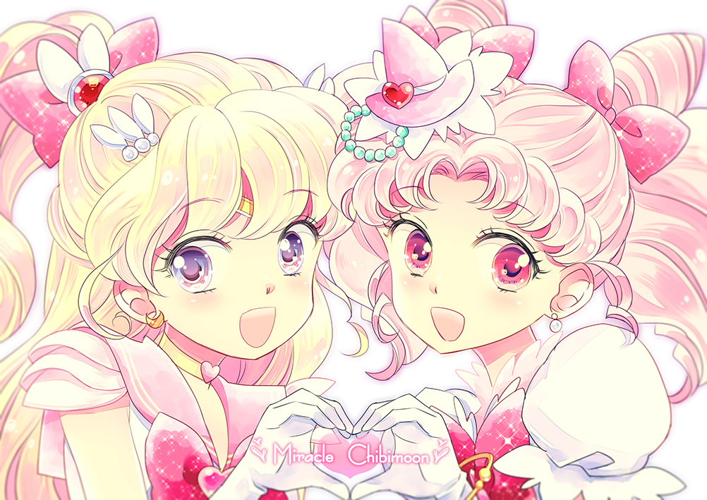 2girls :d asahina_mirai bishoujo_senshi_sailor_moon blonde_hair bow character_name chibi_usa choker color_connection cosplay costume_switch crescent_earrings cure_miracle cure_miracle_(cosplay) double_bun earrings gloves hair_bow hair_ornament hairpin half_updo hat heart heart_hands heart_hands_duo jewelry long_hair looking_at_viewer magical_girl mahou_girls_precure! mini_hat mini_witch_hat multiple_girls open_mouth pink_bow pink_eyes pink_hair pink_hat ponytail precure puffy_sleeves red_bow sailor_chibi_moon sailor_chibi_moon_(cosplay) sailor_collar saki_(hxaxcxk) short_hair smile sparkle super_sailor_chibi_moon super_sailor_chibi_moon_(cosplay) twintails upper_body violet_eyes white_background white_gloves witch_hat