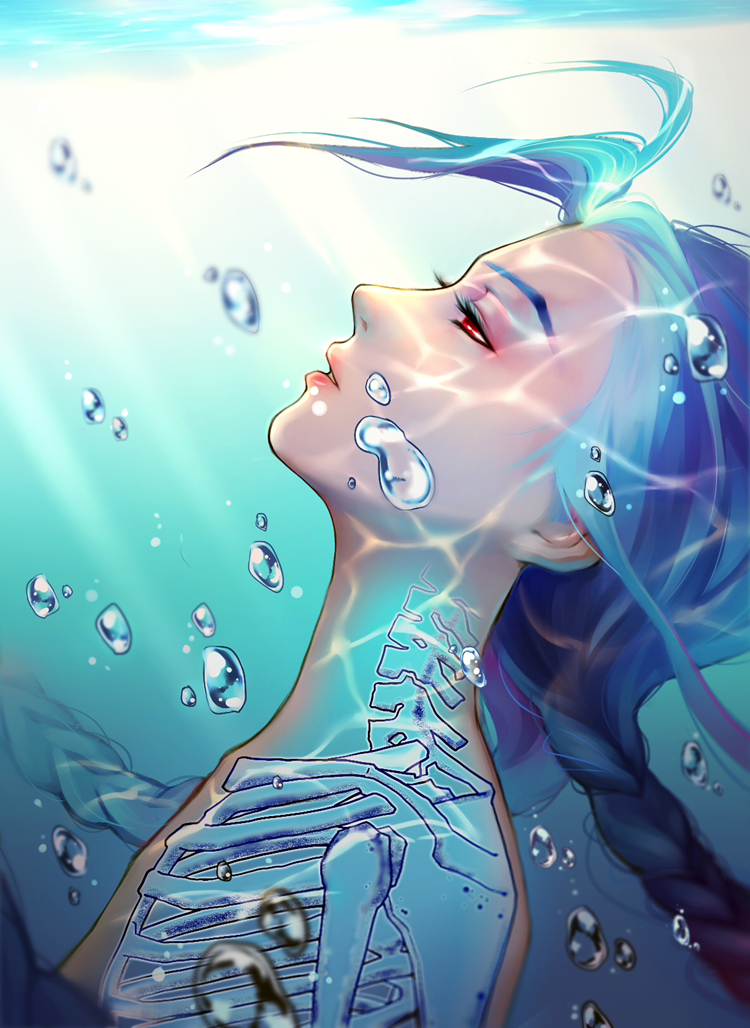 1girl blue_hair braid bubble eyelashes from_side half-closed_eyes jinx_(league_of_legends) league_of_legends lips nose portrait red_eyes skeleton solo takenoko_(cxz19950815) twin_braids underwater x-ray