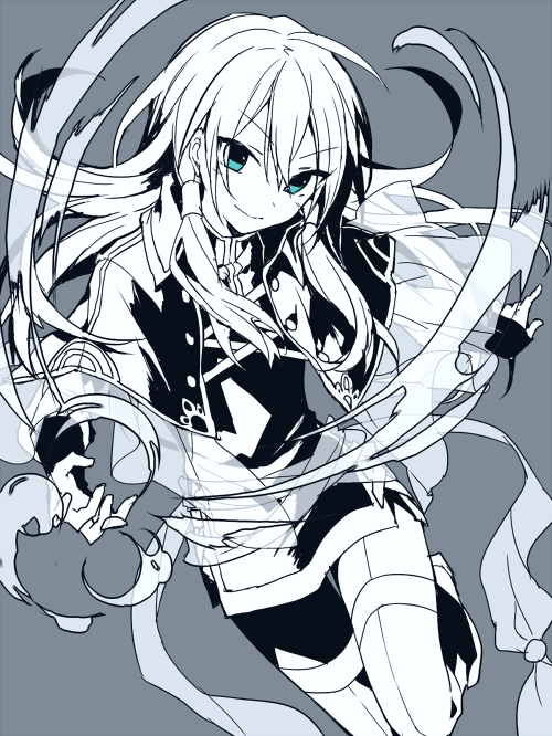 1boy boots capelet grey_background hair_between_eyes hair_tubes hijiri_(resetter) long_hair looking_at_viewer monochrome original simple_background sketch skirt sleeves_past_wrists smile solo spot_color thigh-highs thigh_boots