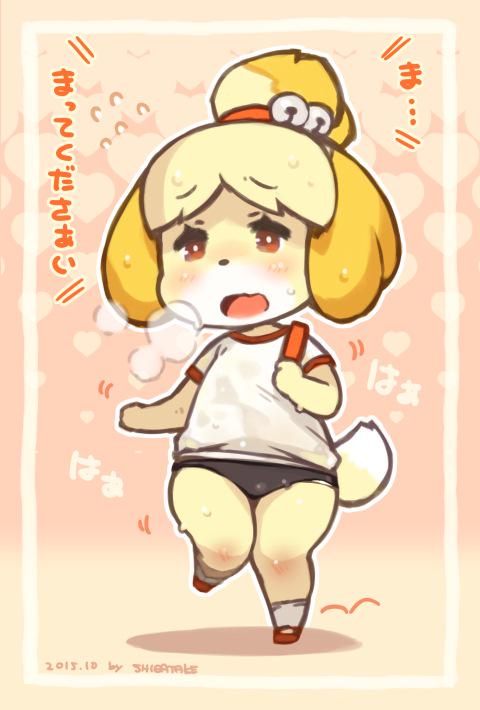 1girl animal_ears bell blonde_hair brown_eyes buruma dog_ears doubutsu_no_mori furry gym_uniform hair_ornament heavy_breathing jingle_bell open_mouth ponytail running shigatake shirt shizue_(doubutsu_no_mori) short_hair solo tail