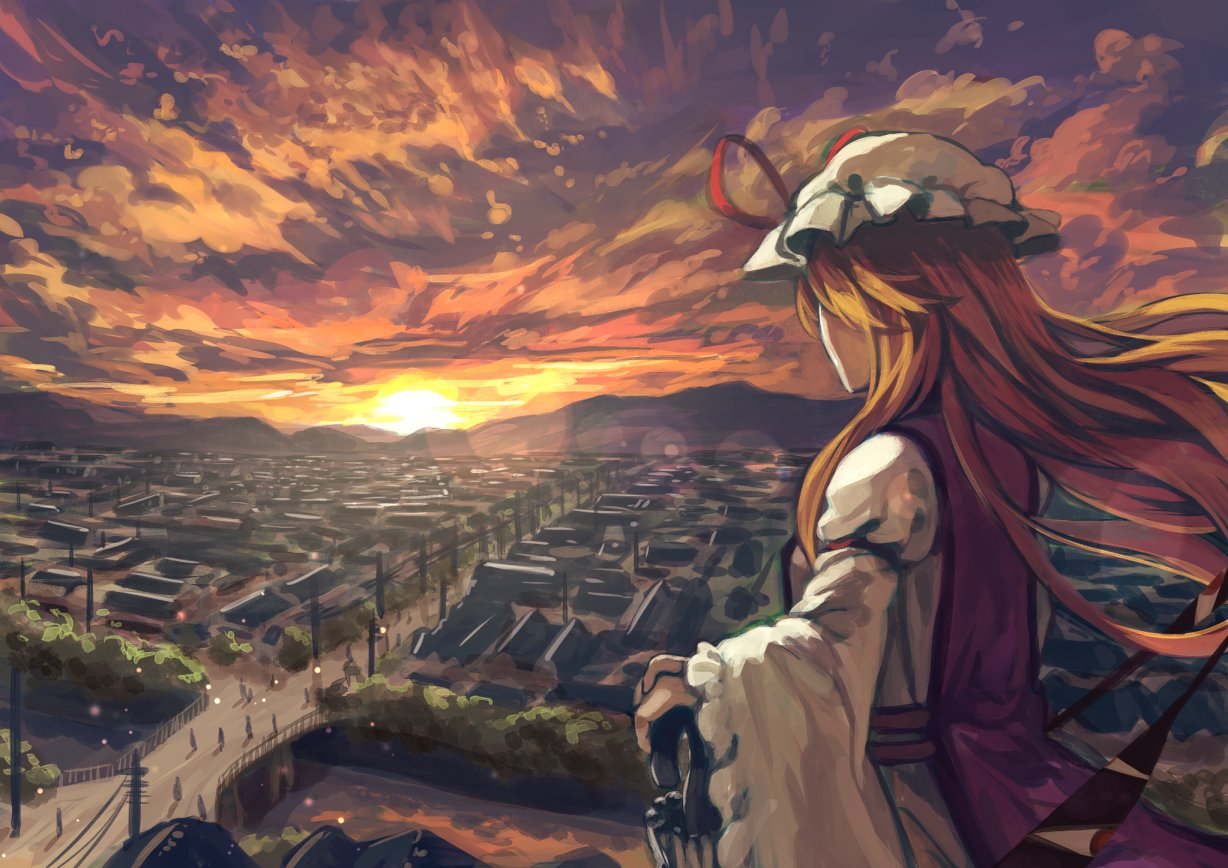 1girl berabou blonde_hair breasts bush clouds commentary_request dress evening from_behind gaping hair_over_shoulder hat hat_ribbon horizon lens_flare long_hair long_sleeves looking_afar mob_cap mountain orange_sky people red_eyes ribbon silhouette sky solo stream sunset tabard telephone_pole touhou town white_dress wide_sleeves wind yakumo_yukari