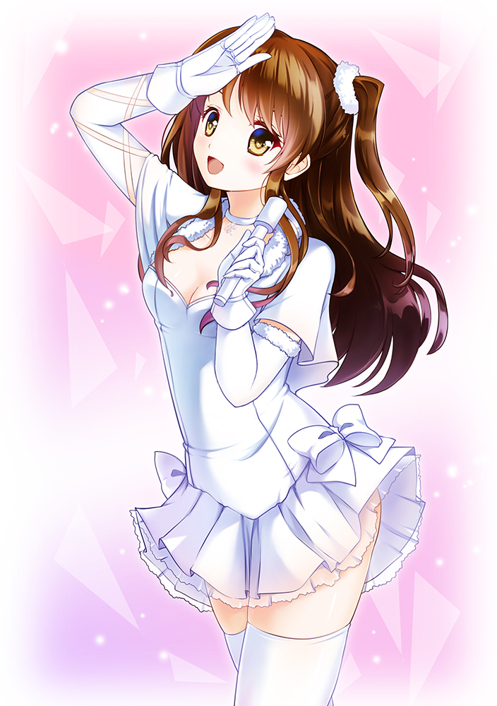 1girl breasts brown_eyes brown_hair cleavage dress gloves holding_microphone long_hair ogiso_setsuna open_mouth solo thigh-highs white_album_2 white_dress white_gloves white_legwear yumeiro_hanabi