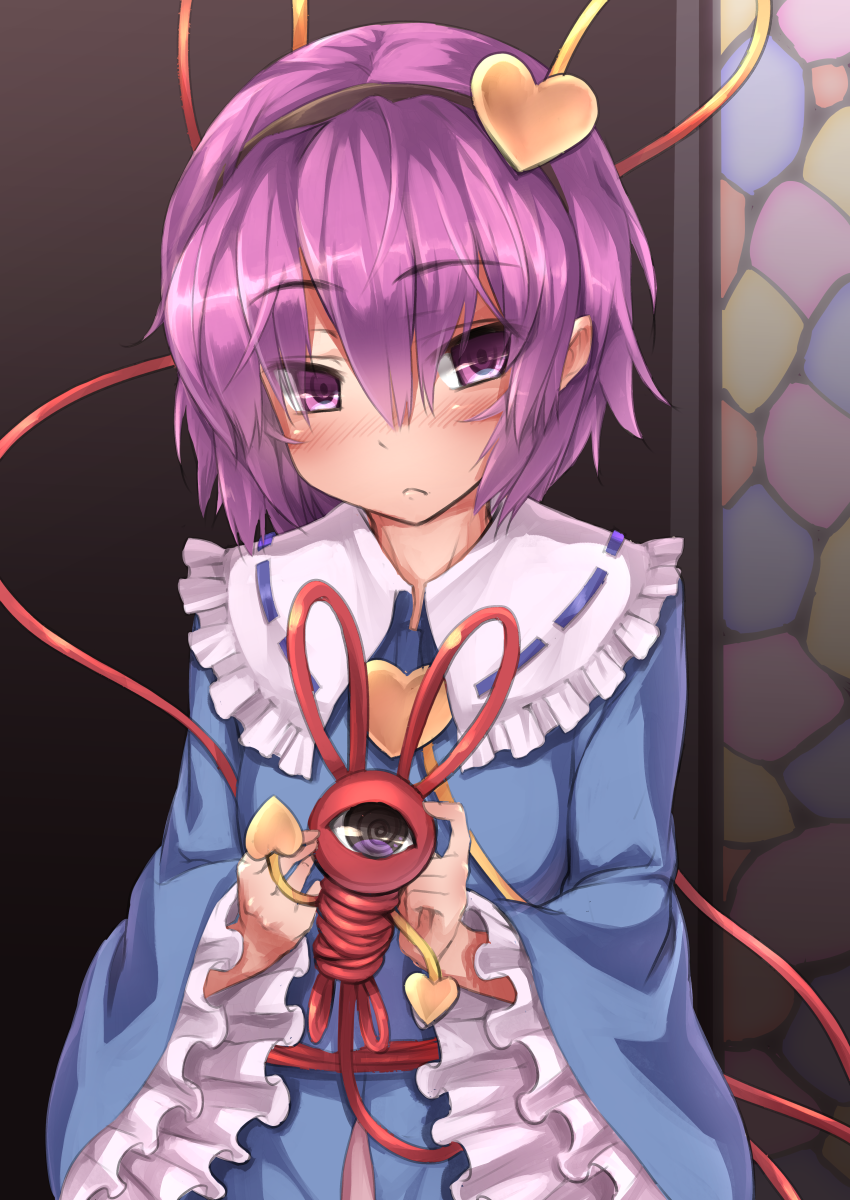 1girl blush commentary_request doll hairband heart highres knot komeiji_satori long_sleeves looking_at_viewer purple_hair shirt solo third_eye touhou usotsuki_penta violet_eyes wide_sleeves