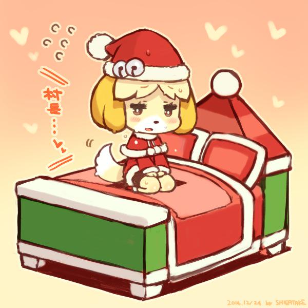 1girl animal_ears bed bell blonde_hair brown_eyes christmas dog_ears doubutsu_no_mori dress furry hat jingle_bell open_mouth pillow santa_costume santa_hat shigatake shizue_(doubutsu_no_mori) short_hair sitting smile solo tail
