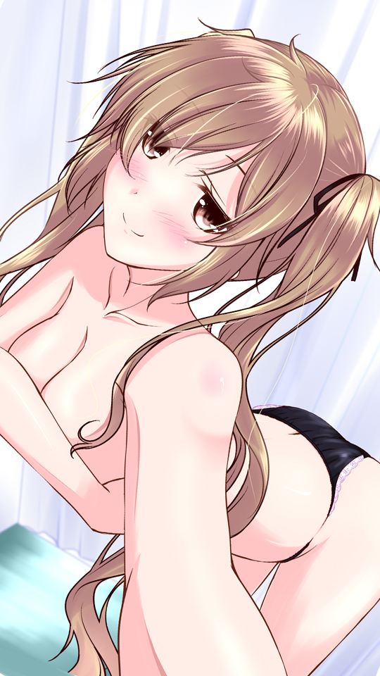 1girl bangs black_panties black_ribbon blurry blush breasts brown_eyes cleavage closed_mouth collarbone covering covering_breasts curtains depth_of_field dutch_angle eyebrows eyebrows_visible_through_hair eyelashes from_above hair_ribbon kantai_collection lace-trimmed_panties leaning_forward light_brown_hair long_hair looking_at_viewer messy_hair mikage_takashi murasame_(kantai_collection) no_pants panties ribbon smile solo topless twintails underwear underwear_only