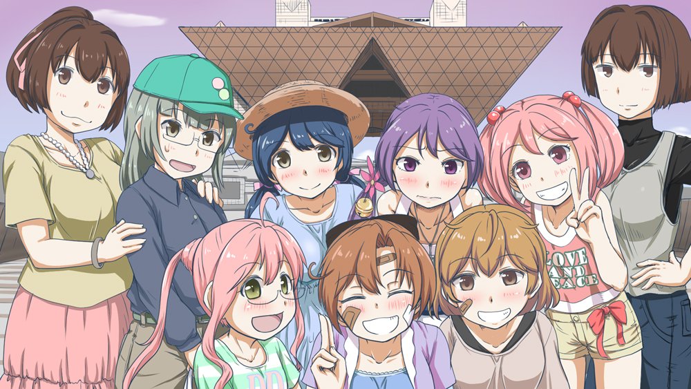 akebono_(kantai_collection) akigumo_(kantai_collection) alternate_costume alternate_hairstyle bandaid bandaid_on_face bangs baseball_cap bell blouse blue_hair blunt_bangs blush bow bracelet brown_eyes brown_hair closed_eyes commentary_request denim dress eyebrows eyebrows_visible_through_hair flower green_eyes green_hair grin hair_bell hair_between_eyes hair_bobbles hair_bun hair_flower hair_ornament hair_ribbon hand_on_hip hands_on_another's_shoulders hat hyuuga_(kantai_collection) ise_(kantai_collection) jeans jewelry kantai_collection leaning_forward low_twintails makigumo_(kantai_collection) mimofu_(fullhighkick) necklace oboro_(kantai_collection) open_mouth pants pink_eyes pink_hair ponytail purple_hair ribbon sazanami_(kantai_collection) shirt short_hair shorts side_ponytail skirt smile sundress sweatdrop t-shirt tank_top tokyo_big_sight turtleneck twintails ushio_(kantai_collection) v violet_eyes yuubari_(kantai_collection)