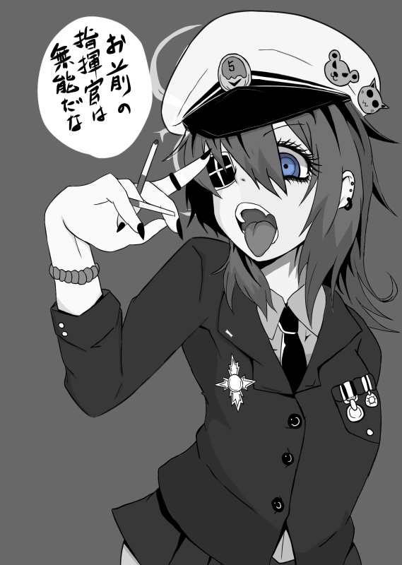 1girl artist_request cigarette eyepatch hat kantai_collection kiso_(kantai_collection) medal tongue tongue_out translation_request white_hat