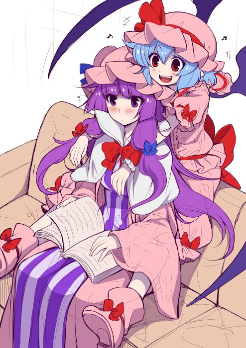 2girls ascot bat_wings blue_hair blush book bow brooch couch crescent crescent_hair_ornament dress eichi_yuu hair_ornament hat hat_ribbon jewelry long_hair mob_cap multiple_girls open_mouth patchouli_knowledge purple_hair red_eyes remilia_scarlet ribbon sitting smile striped striped_dress touhou violet_eyes wings