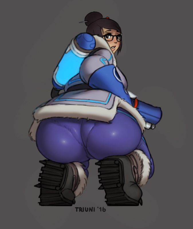 1girl artist_name boots breasts brown_eyes brown_hair glasses grey_background huge_breasts looking_at_viewer looking_back mei_(overwatch) overwatch pantylines parted_lips simple_background solo squatting triuni