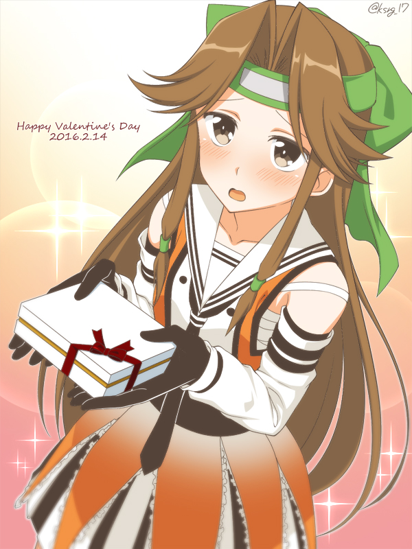 1girl black_gloves box brown_eyes brown_hair detached_sleeves forehead_protector gift gift_box gloves hachimaki hair_intakes half_updo happy_valentine headband jintsuu_(kantai_collection) kantai_collection kisaragi_hina long_hair looking_at_viewer open_mouth remodel_(kantai_collection) solo sparkle twitter_username
