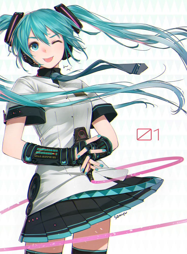 1girl ;p aqua_nails artist_name black_gloves black_legwear blue_eyes blue_hair blue_necktie blush buttons cable collar cowboy_shot elbow_gloves fingerless_gloves floating_hair gloves hands_together hatsune_miku headgear headphones headset holding_microphone interlocked_fingers jacket long_hair looking_at_viewer microphone nail_polish necktie number one_eye_closed pleated_skirt short_sleeves simple_background skirt solo standing suzume_yuu thigh-highs tongue tongue_out twintails vocaloid white_background white_jacket wind zettai_ryouiki