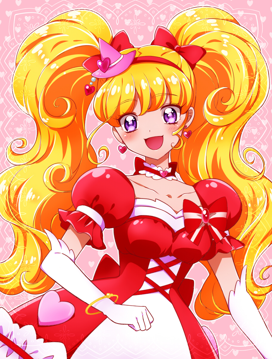 1girl :d asahina_mirai blonde_hair blush bow bracelet choker collarbone cowboy_shot cure_miracle earrings elbow_gloves gloves hair_bow hairband hat heart heart_earrings highres jewelry kagami_chihiro long_hair looking_at_viewer magical_girl mahou_girls_precure! mini_hat mini_witch_hat open_mouth pink_background pink_hat precure puffy_sleeves red_bow ruby_style skirt smile solo striped striped_bow twintails violet_eyes white_gloves witch_hat
